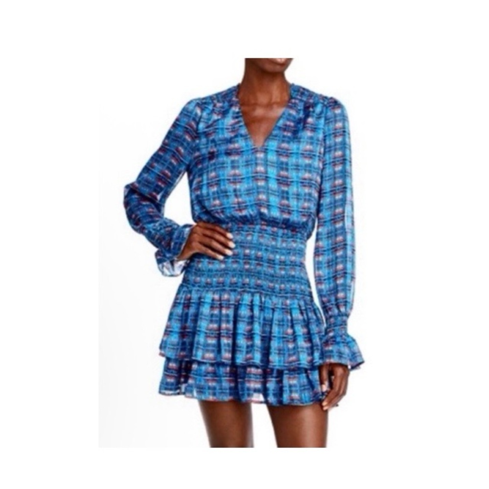 Aqua X Pendleton Smocked Waist Ruffled Long‎ Sleeve Dress
